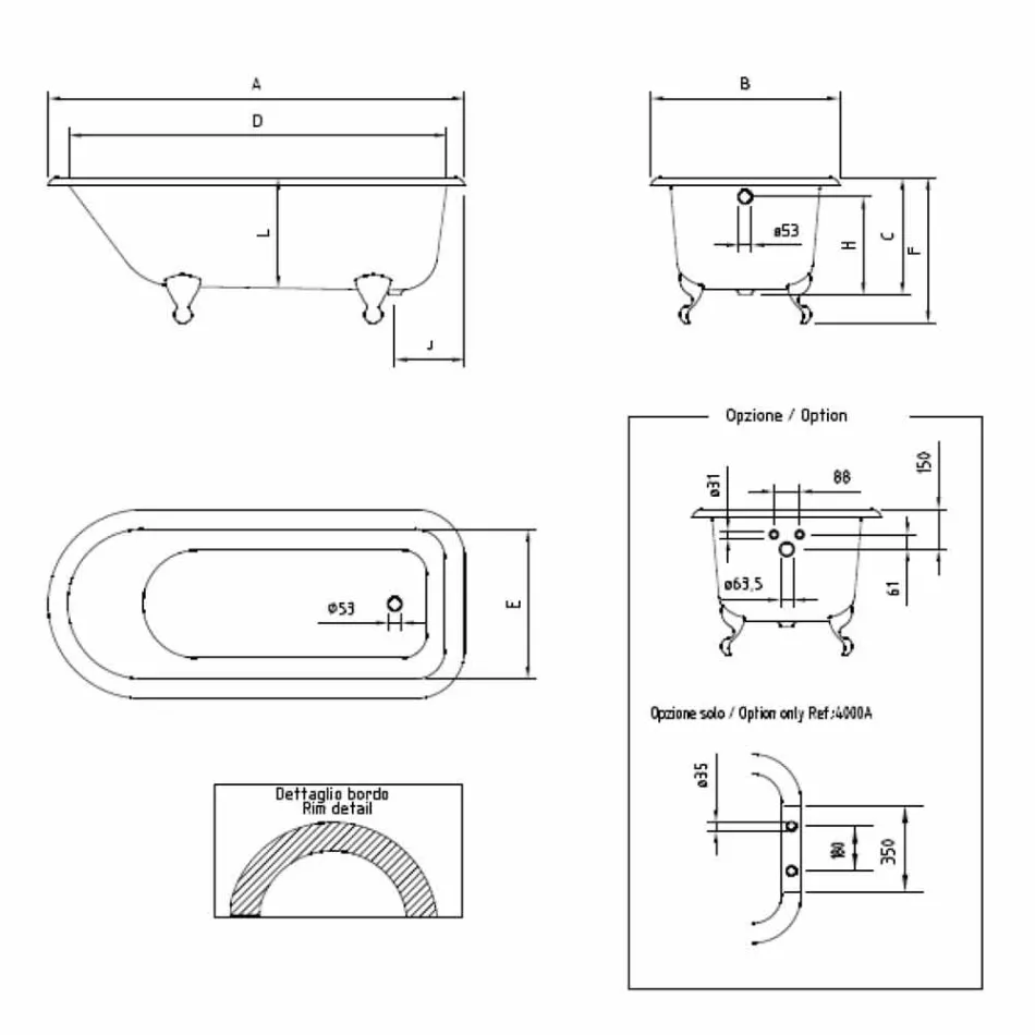 Vintage freistehende Design-Badewanne aus weißem Gusseisen, hergestellt in Italien - Marwa Viadurini