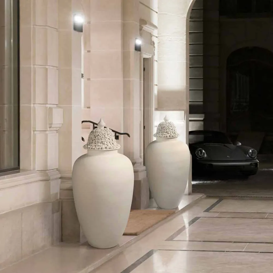 Hohe weiße Keramikvase mit verzierter Spitze Handgefertigt in Italien - Verio Viadurini