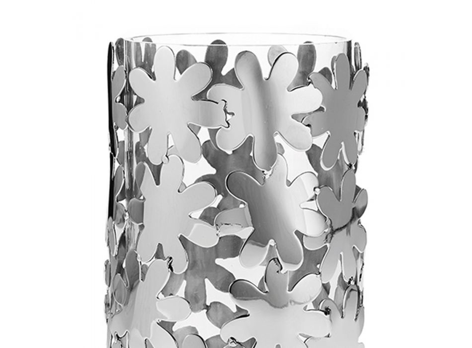 Zylindrische Vase aus Glas und silbernem Metall und luxuriöser Blumendekoration - Terraceo Viadurini