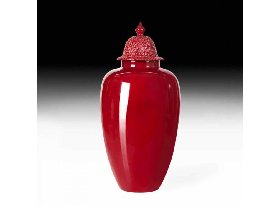 Rot lackierte Keramikvase mit handgefertigter Dekoration in Italien - Verio Viadurini