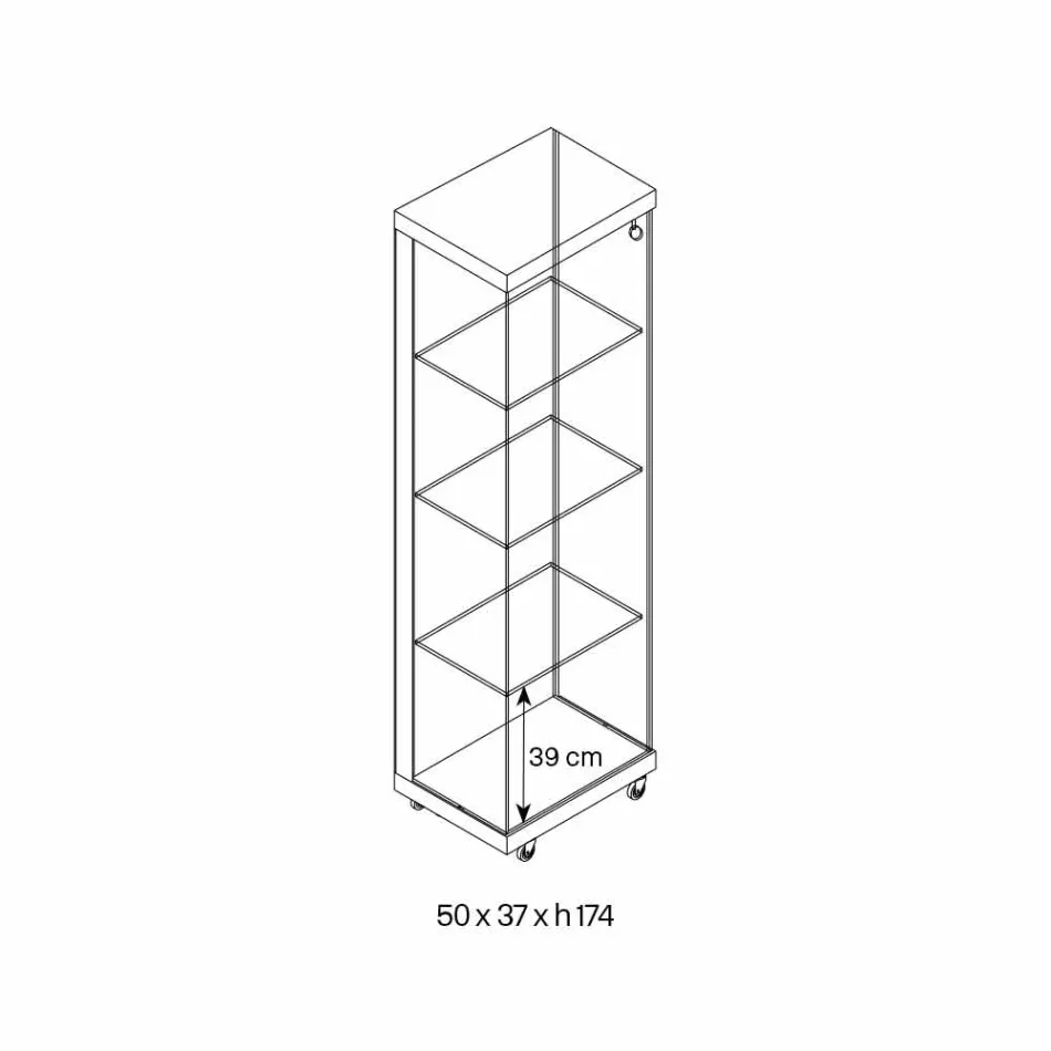 Wandvitrine aus Glas und weißem Holz, Rädern und beleuchteten Regalen - Armilla Viadurini