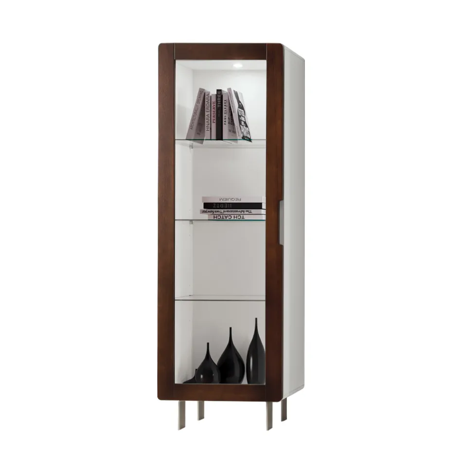 Wohnzimmervitrine mit 1 Tür in Weiß und Canaletto-Finish, hergestellt in Italien – Gerd Viadurini