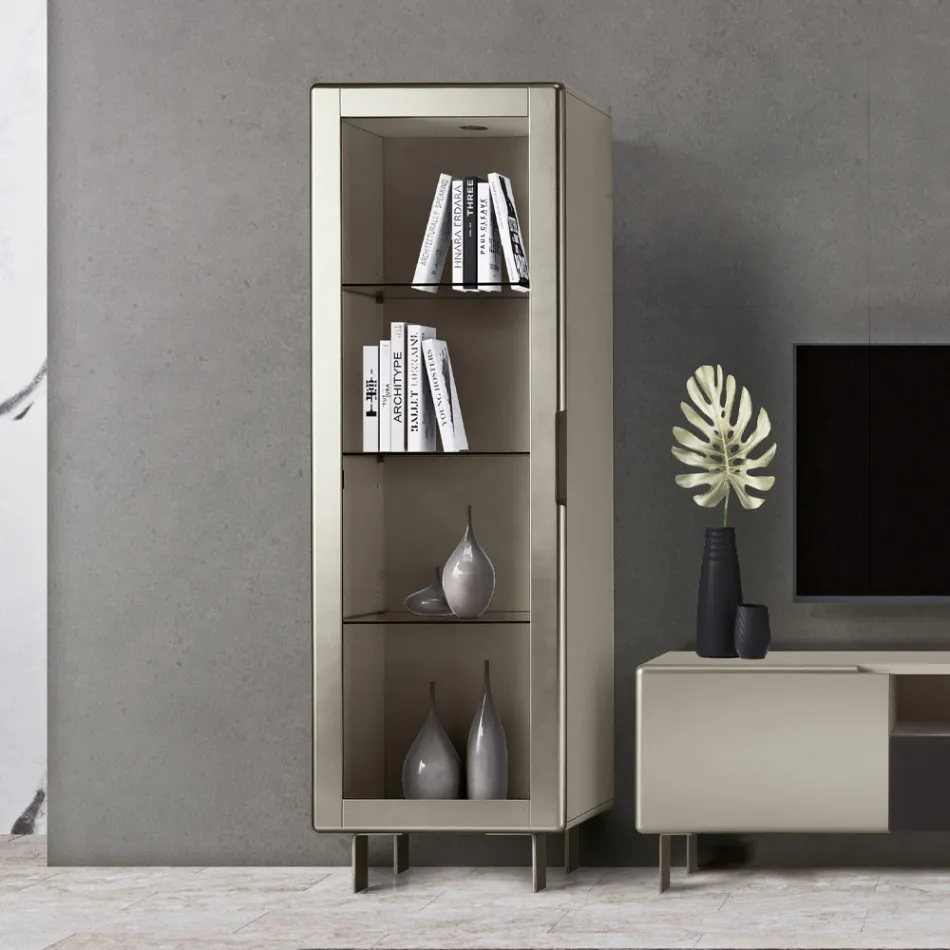 Wohnzimmervitrine mit 1 Tür aus MDF, Nickel-Finish, Made in Italy – Hilde Viadurini