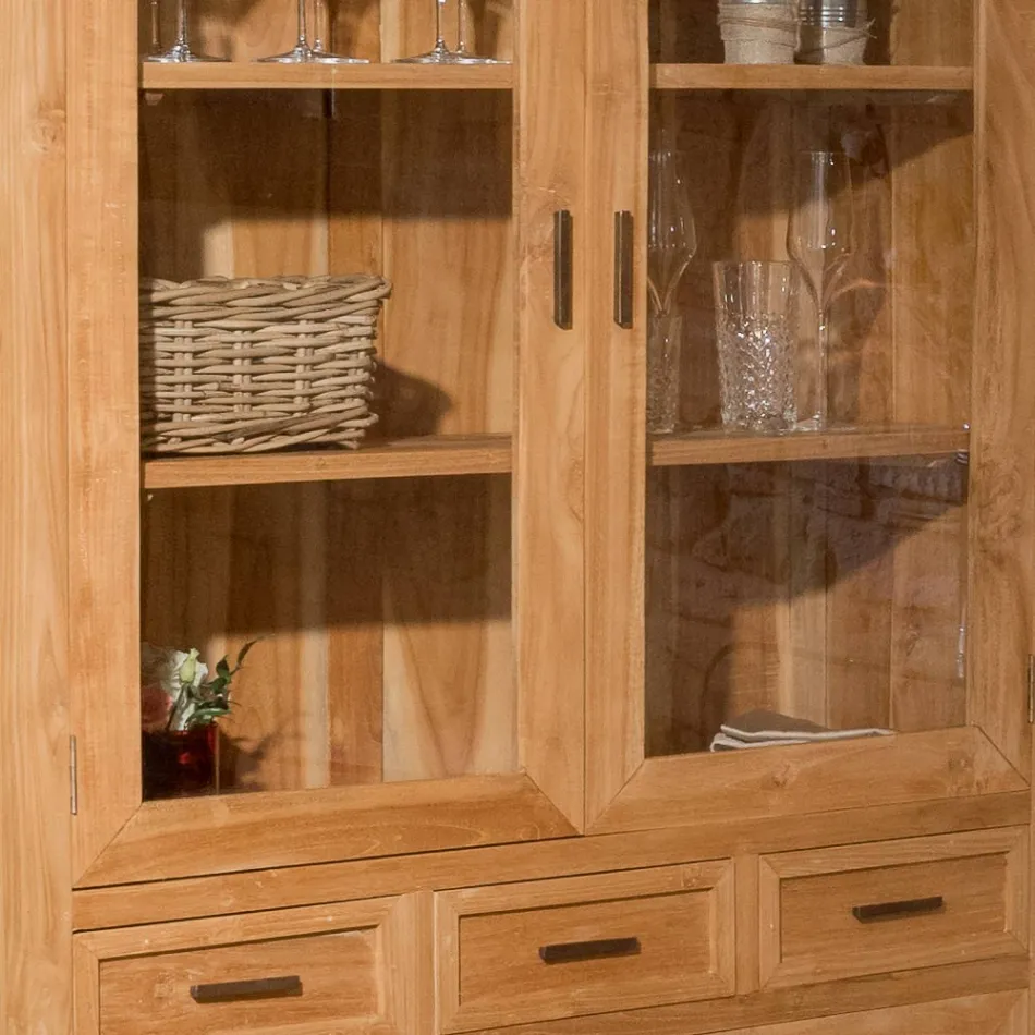 Sanda Wohnzimmer-Vitrine aus massivem Teakholz mit 4 Türen und 3 Schubladen Viadurini