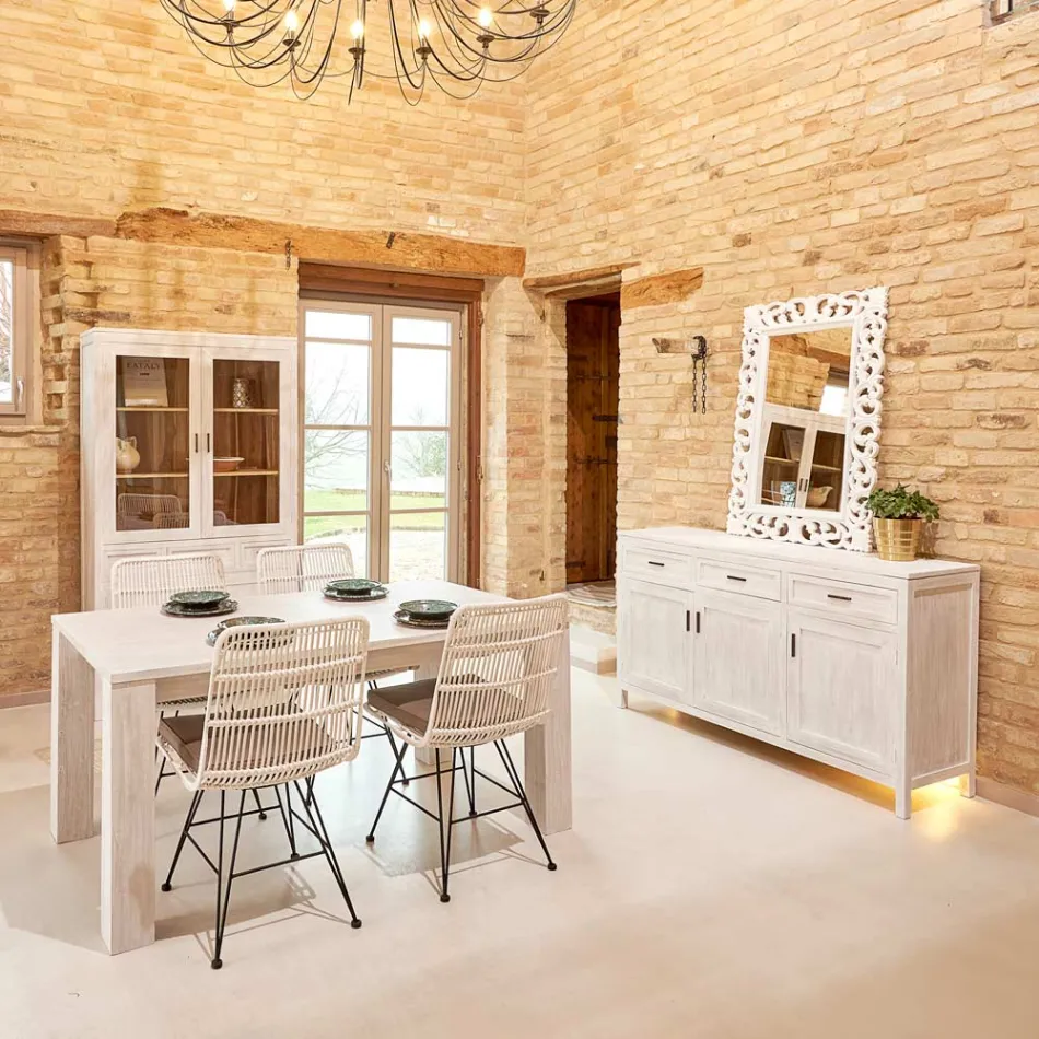 Sanda Wohnzimmer-Vitrine aus massivem Teakholz mit 4 Türen und 3 Schubladen Viadurini